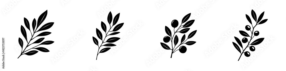Poster icon set featuring various olive branch designs for digital and print use in minimalist styles and b