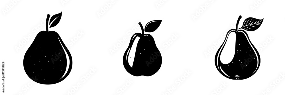 Poster black and white icon set featuring three distinct pear illustrations showcasing different styles and