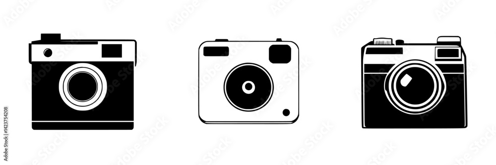 Poster collection of three distinct camera icons featuring various designs and styles ideal for digital pro