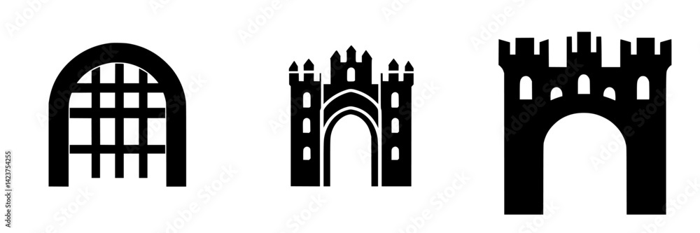 Poster icon set featuring architectural structures with unique designs for various creative projects