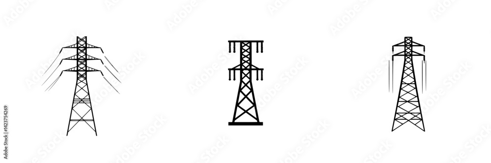 Poster set of three power line icons representing electricity transmission and infrastructure in various st