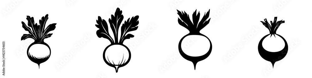 Poster icon set featuring various stylized turnip designs with different leaf textures and shapes in black 