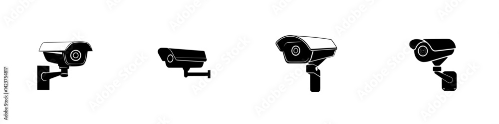 Poster various styles of security cameras displayed in a minimalist icon set for modern design applications