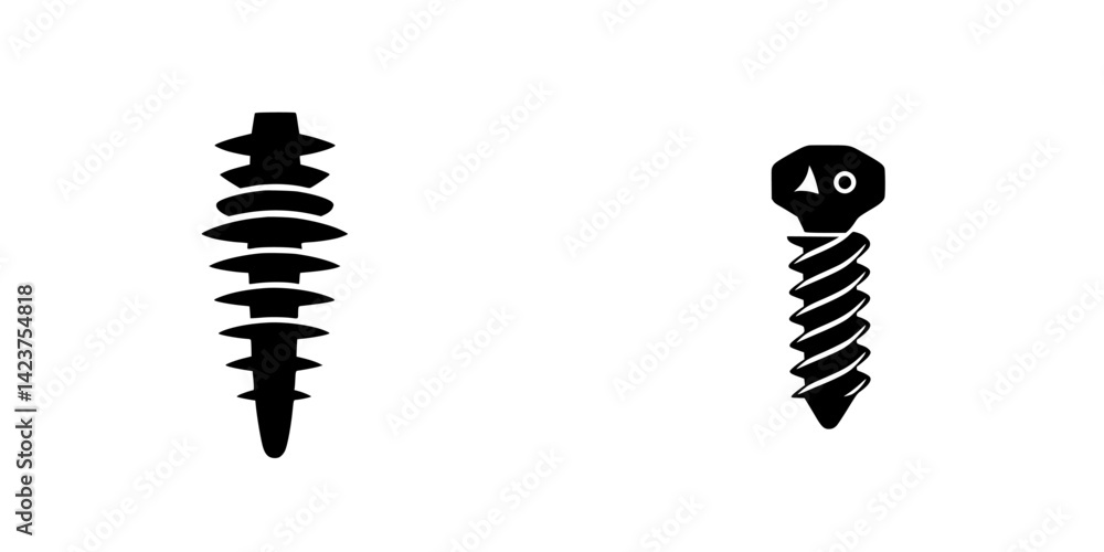 Poster set of simplistic black icons representing different types of screws and fasteners used for various 