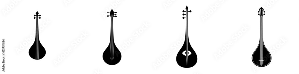 Poster icon set featuring four distinct string instruments in sleek design, showcasing unique shapes and de
