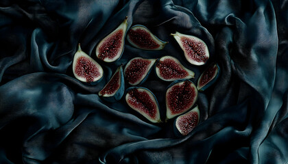 A beautifully arranged display of sliced figs on luxurious dark fabric, creating an elegant contrast