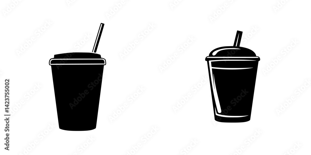 Poster icon set featuring beverage containers with straws in minimalist design for modern applications and 