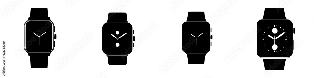 Poster icon set of various smartwatch designs featuring different display styles and features for modern we