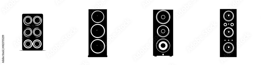 Poster collection of various speaker icons designed for audio and music applications in a modern style