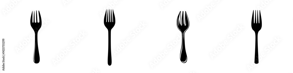 Poster set of four black fork icons suitable for menu design and culinary uses in various contexts