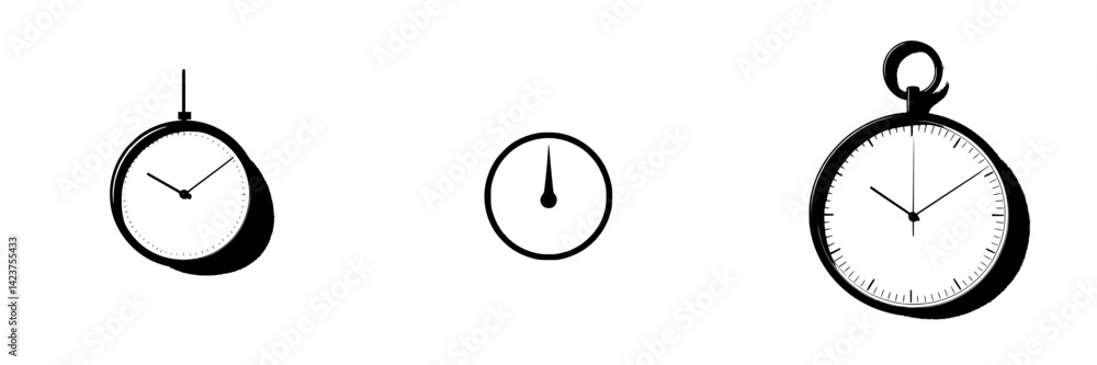 Poster icon set displaying three distinct timekeeping devices in simple black and white design for various 