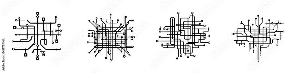 Poster icon set featuring abstract circuit designs suitable for technology and digital themes