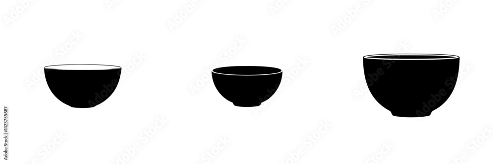 Poster icon set of three distinct bowl designs showcasing variations in size and shape suitable for culinar