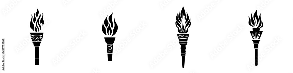 Poster collection of decorative icons featuring various torch designs for creative projects and application