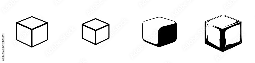 Poster icon set featuring stylized 3d cubes in various perspectives and shading techniques for design appli