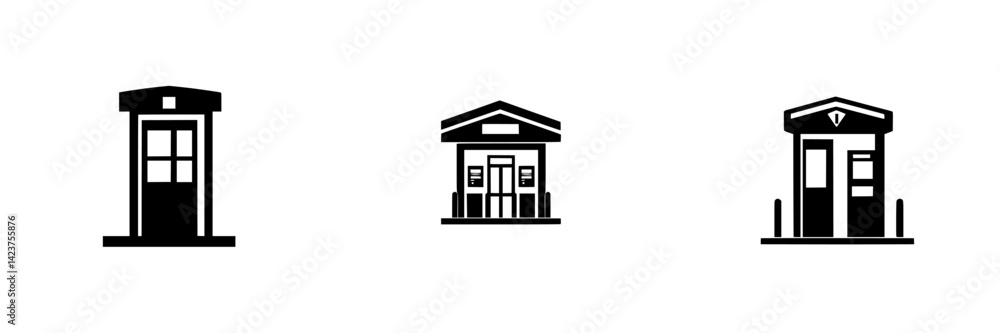 Poster icon set featuring three distinct building designs for various purposes in a minimalist style