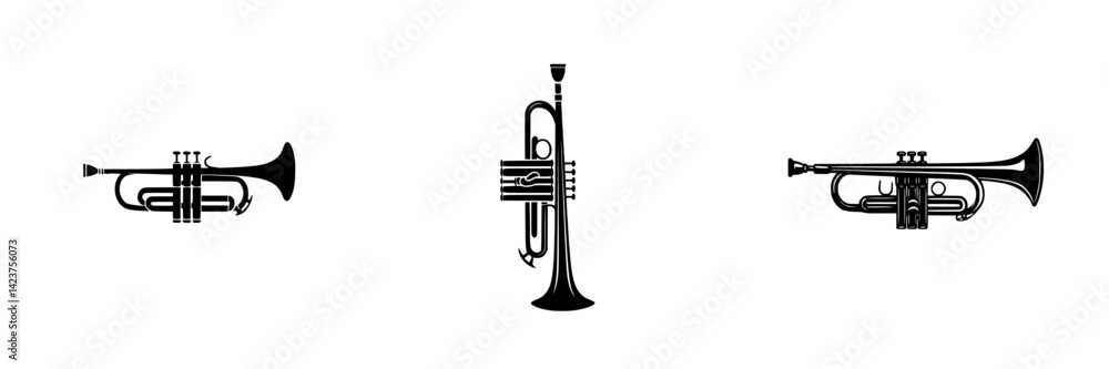 Poster elegant icon set showcasing various trumpet designs in a minimalistic style for artistic projects