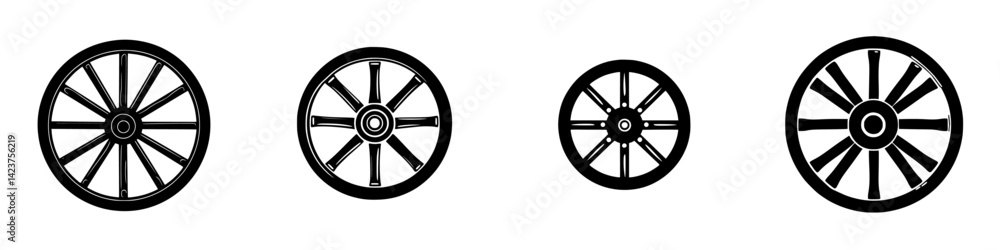 Poster icon set representing various designs of wheels in a minimalist style for graphic projects and desig
