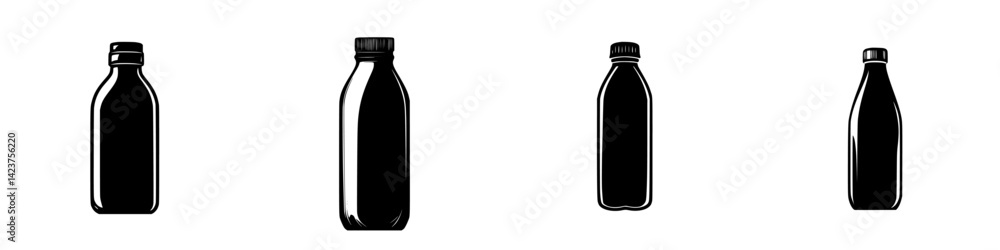 Poster collection of stylized black bottle icons in various shapes for use in design projects and applicati