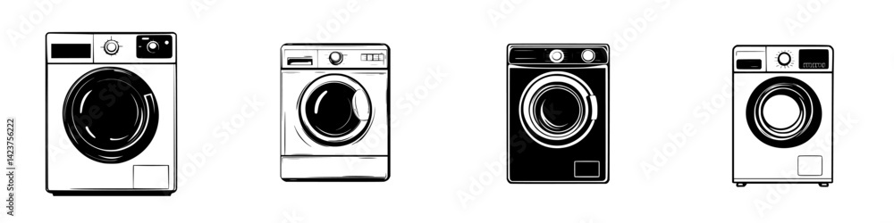 Poster icon set of different washing machines designed in a minimalistic style showcasing various features 