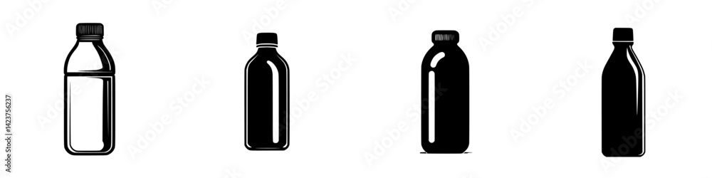 Poster icon set featuring various bottle designs in minimalistic style for graphic applications and visual 