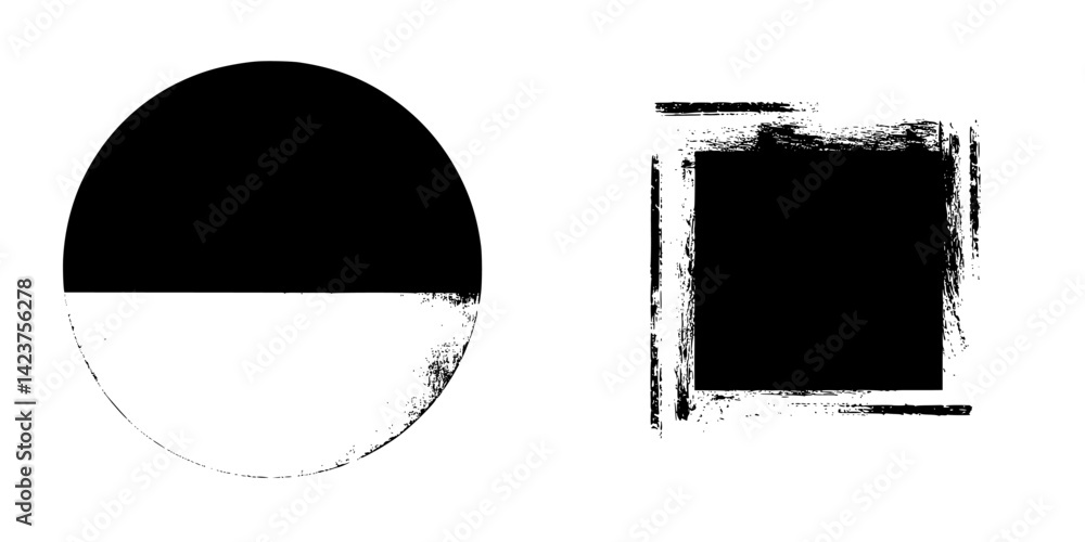 Poster collection of black and white icon set featuring circular and square shapes with textured designs