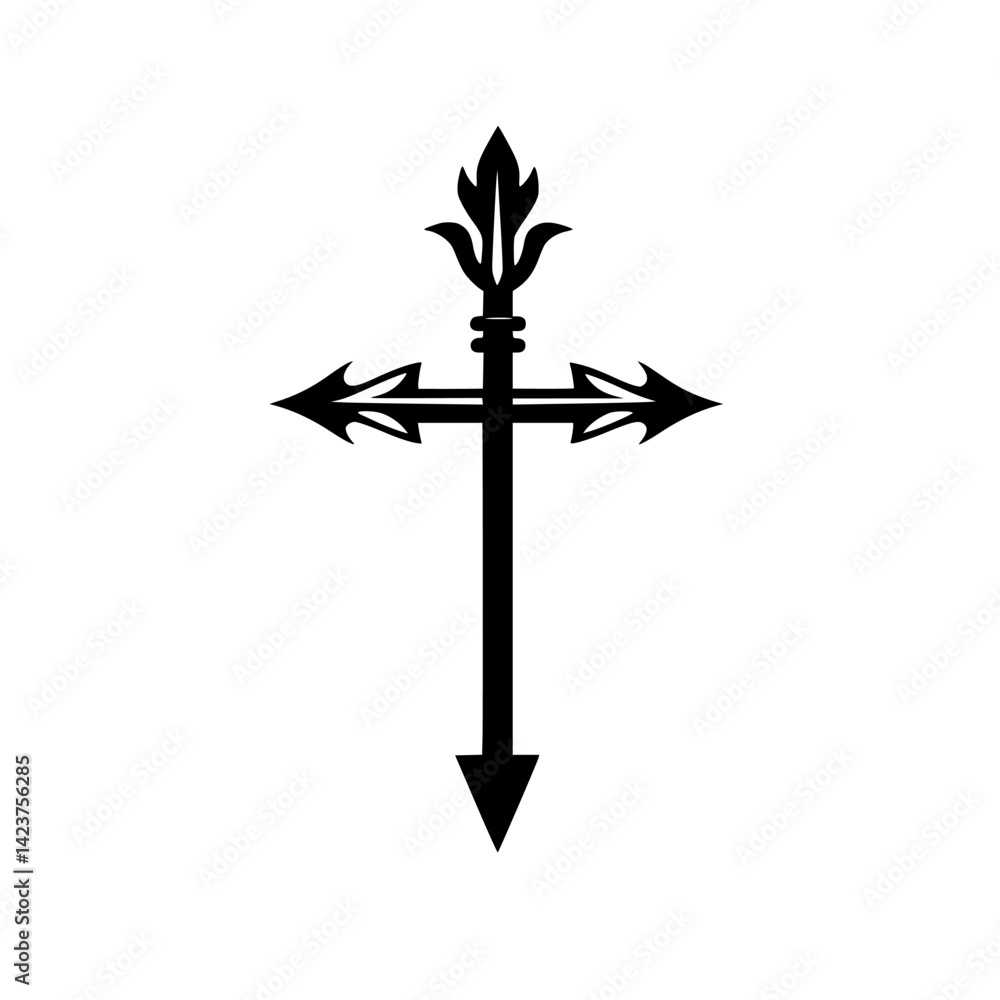 Poster black icon set featuring a stylized cross design with arrow motifs and decorative elements on a whit