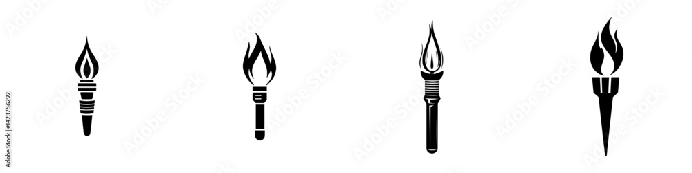 Poster icon set featuring various torch designs showcasing different styles and flames suitable for diverse