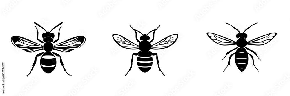 Poster bee icon set featuring three distinct designs showcasing unique wing and body patterns for various c