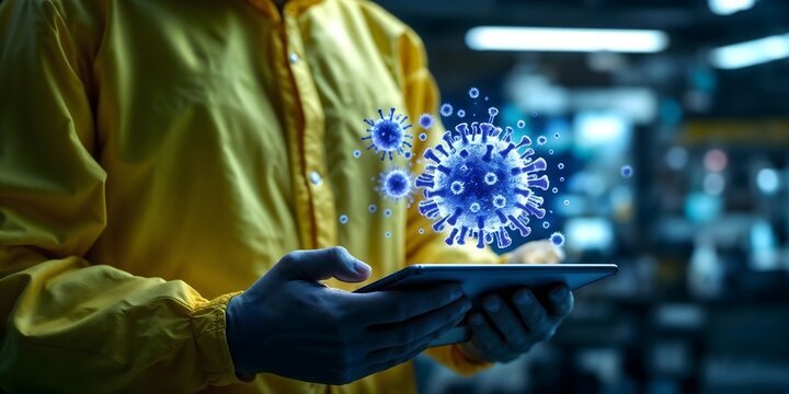 A person wearing a hazmat suit holds a tablet displaying projected 3D coronavirus cells against a blurred laboratory background