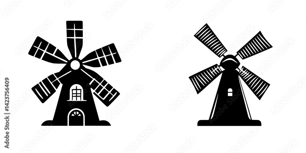 Poster icon set showcasing two distinct windmill designs featuring unique architectural elements and varyin