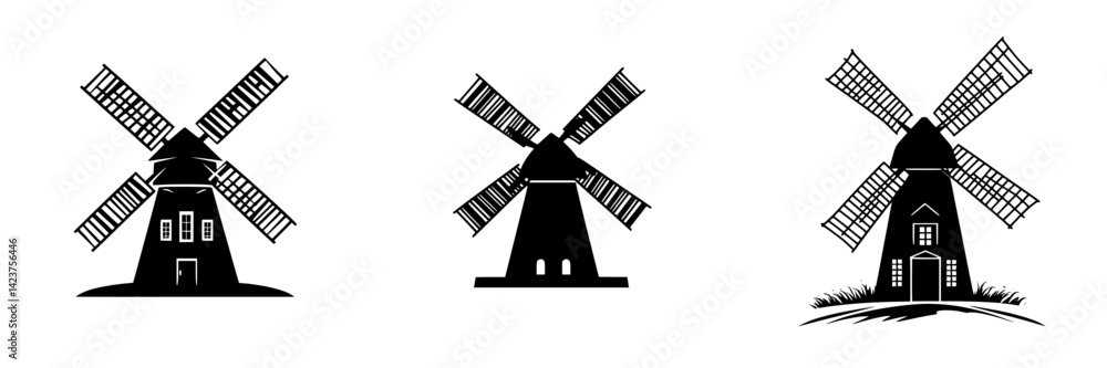 Poster collection of windmill icons displaying different styles and designs for graphic use and digital app