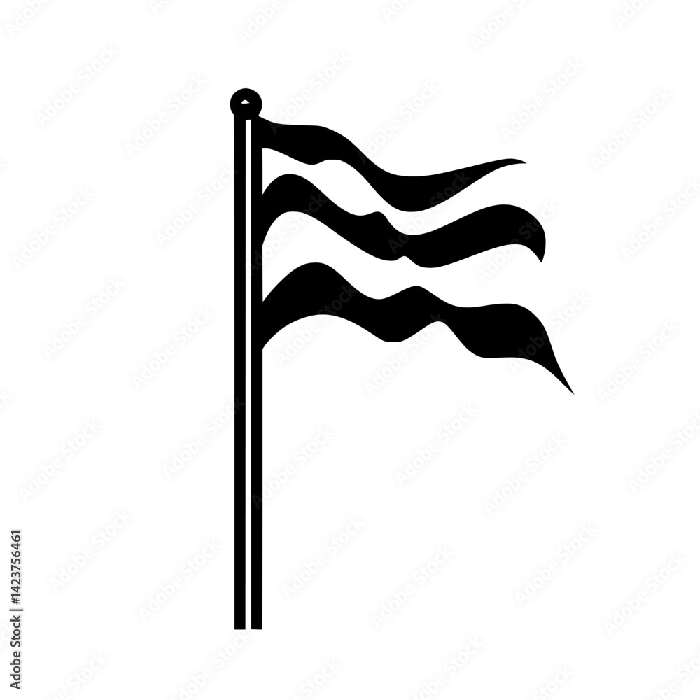 Poster icon set featuring a stylized flag design with flowing ribbons and a simple pole structure