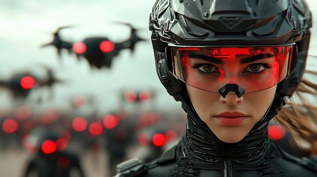 A futuristic police officer patrolling with robotic drones in the background.