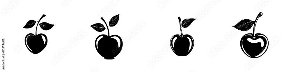 Poster icon set featuring various apple designs with different shapes and leaf styles for versatile graphic