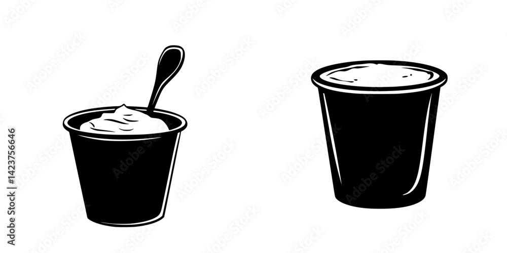 Poster icon set featuring containers with cream, showcasing a dessert option and a simple cup design for va