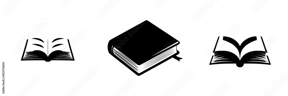 Poster icon set featuring various book designs in a minimalist style suitable for educational projects and 