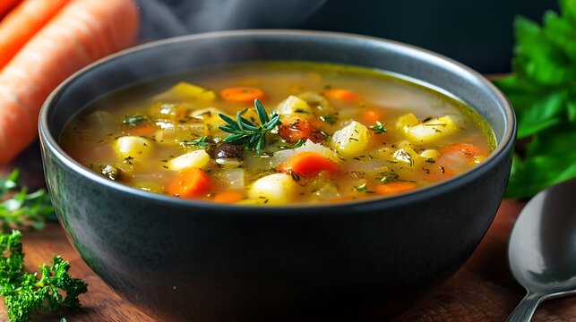 herbs steaming bowl of homemade vegetable soup with A