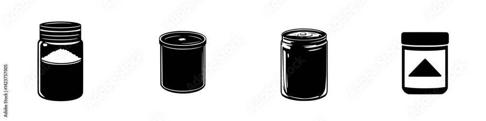 Poster icon set showcasing various container designs for different substances and materials in a minimalist