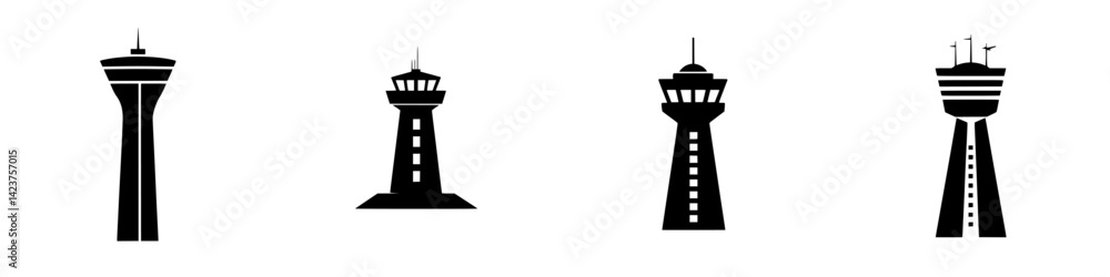 Poster collection of various tower icons representing different architectural styles and designs for digita