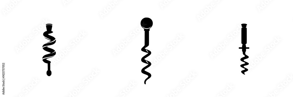Poster stylized icon set featuring three unique corkscrew designs for diverse applications
