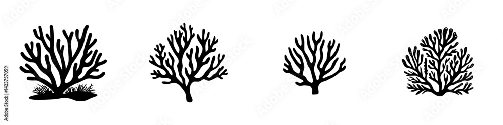 Poster icon set featuring various designs of coral structures in minimalistic style for use in digital proj