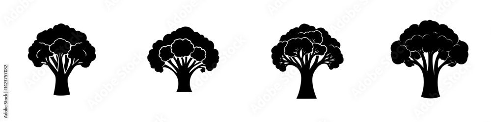 Poster diverse tree icon set showcasing various tree designs and styles for graphic projects or digital int
