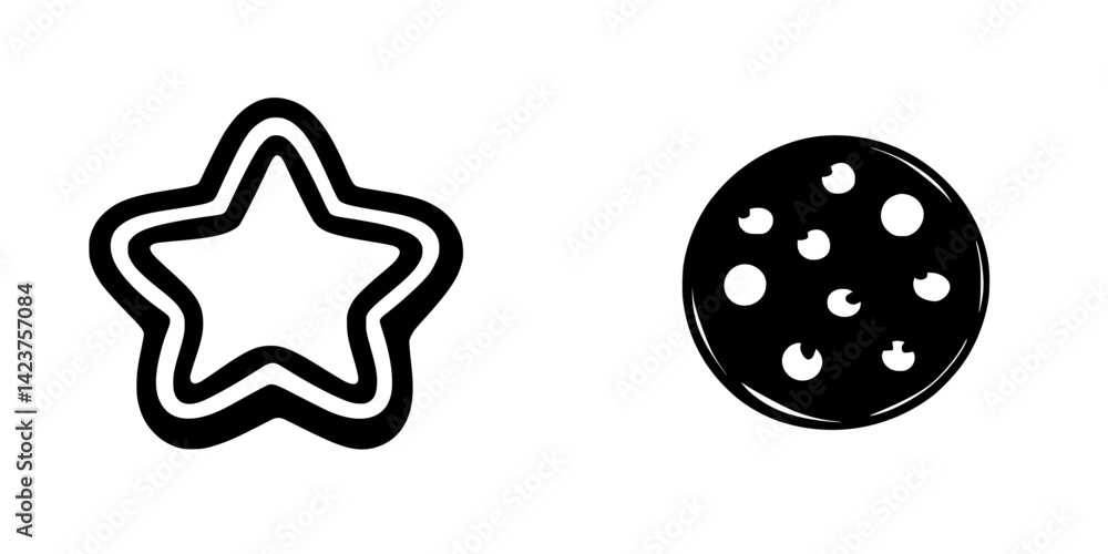 Poster icon set featuring a star shape and a cookie design in a simple black and white style