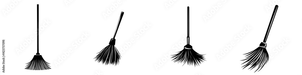 Poster set of cleaning tool icons featuring various brooms in different styles and designs