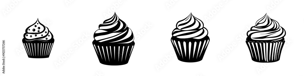 Poster cupcake icon set featuring various frosting designs suitable for culinary projects and digital graph