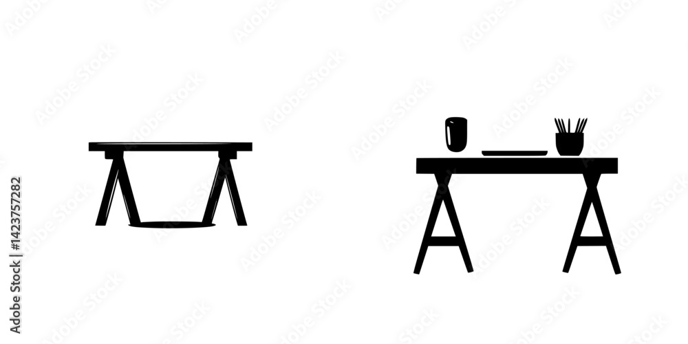Poster icon set featuring various table designs including a simple table frame and a detailed table with it