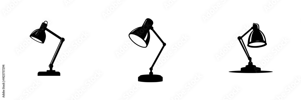 Poster icon set featuring various desk lamps in different positions and styles for design applications and 