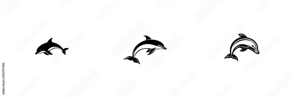Poster dolphin icon set showcasing three unique designs with varying poses for use in digital applications 
