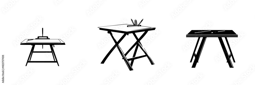 Poster stylish icon set featuring various design tables for creative workspaces